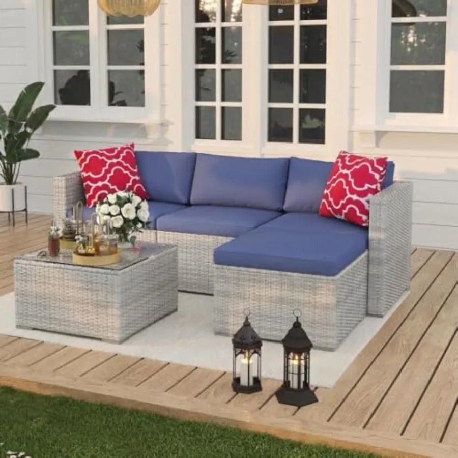 Outdoor Furniture Grey - Set Furnitur Teras Rotan 5-Potong untuk