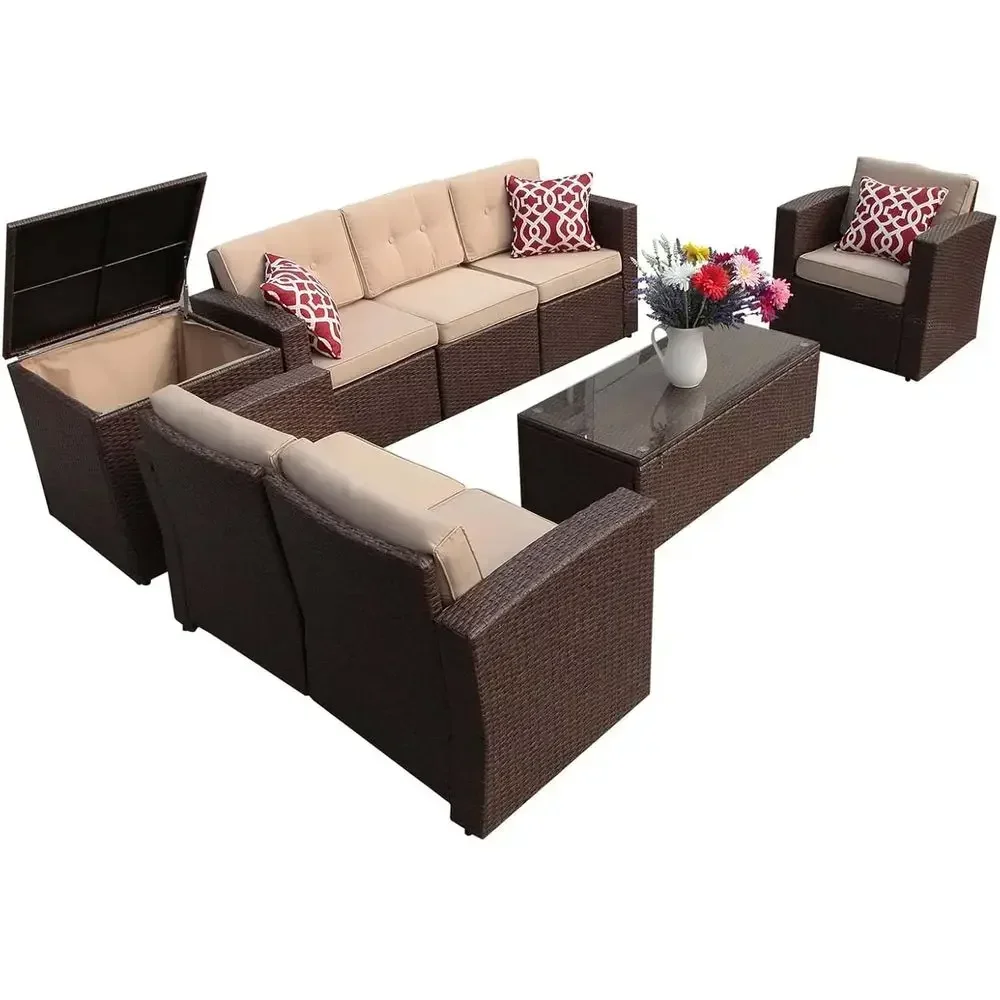 Outdoor Furniture With Storage For Cushions - Set Furnitur Teras Rotan 8-Potong untuk