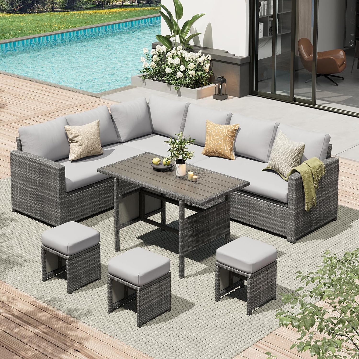 Set Sofa Makan Teras Rotan 7-P - Outdoor Furniture Grey ulasan dan harga