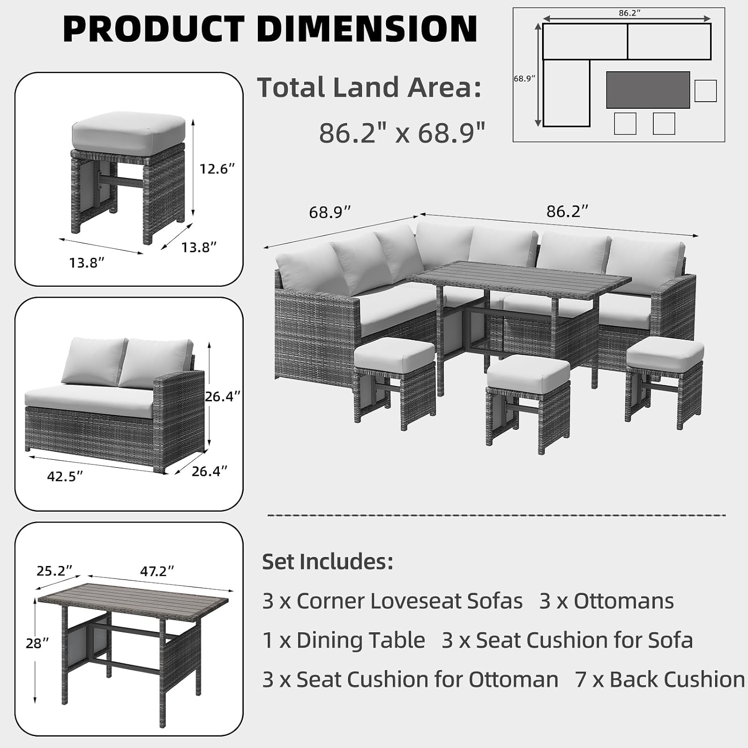 Set Sofa Makan Teras Rotan 7-P - Outdoor Furniture Grey ulasan dan harga